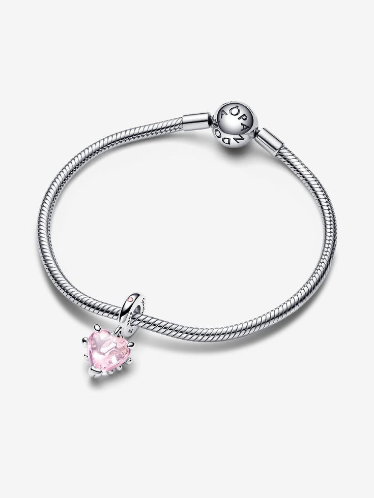 Silver Pandora bracelet with pink heart charm. Jewels by the Sea.