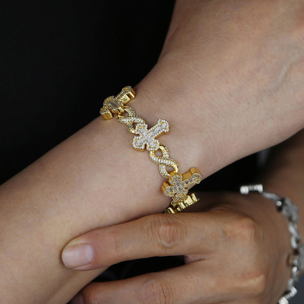 Thumbnail: New Iced Out Cross Infinity Charm Bracelet Micro Paved Cubic Zirconia Cuban Chai