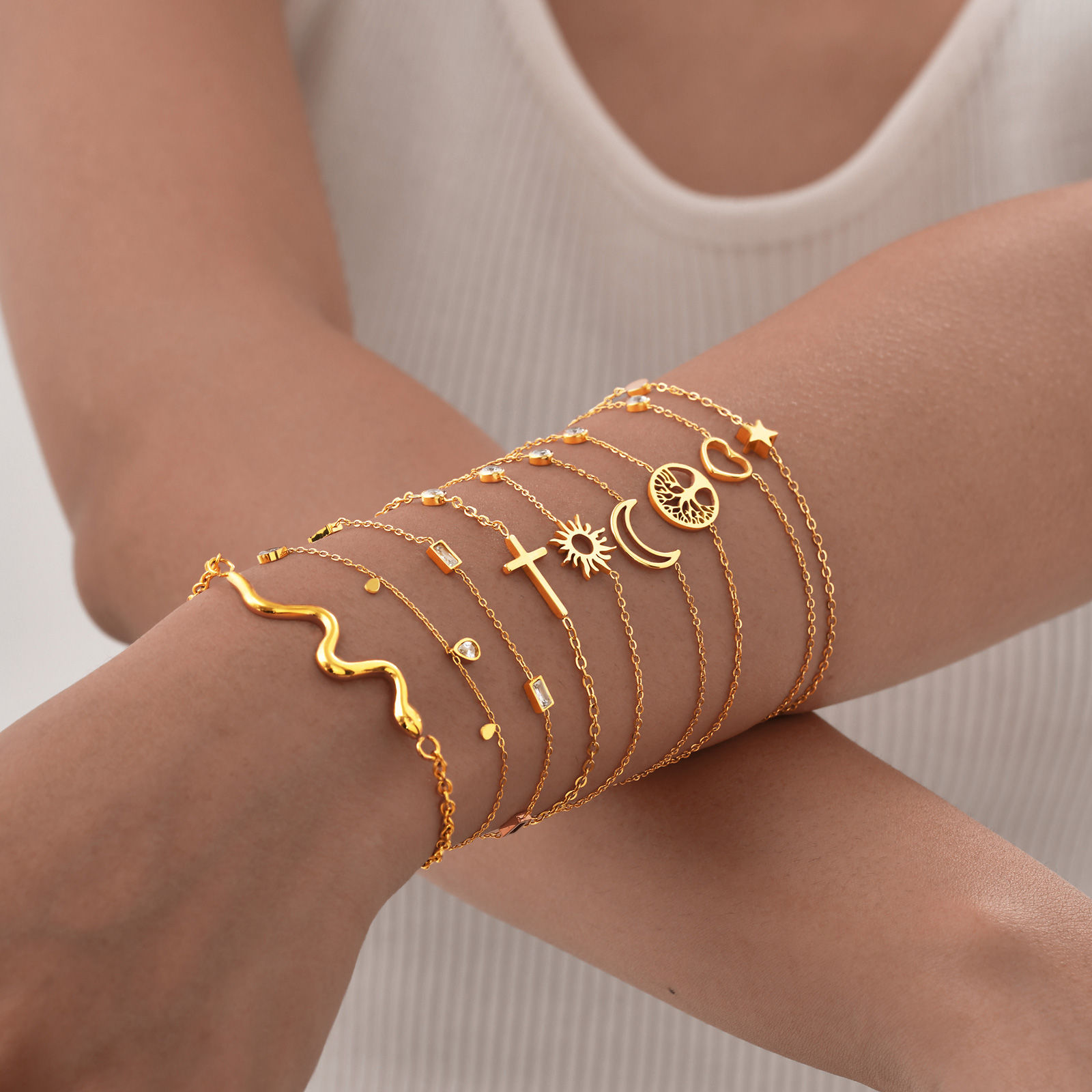 Women Minimalism Thin Chain Cross Crescent Moon Star Bracelet, Stainless Steel F