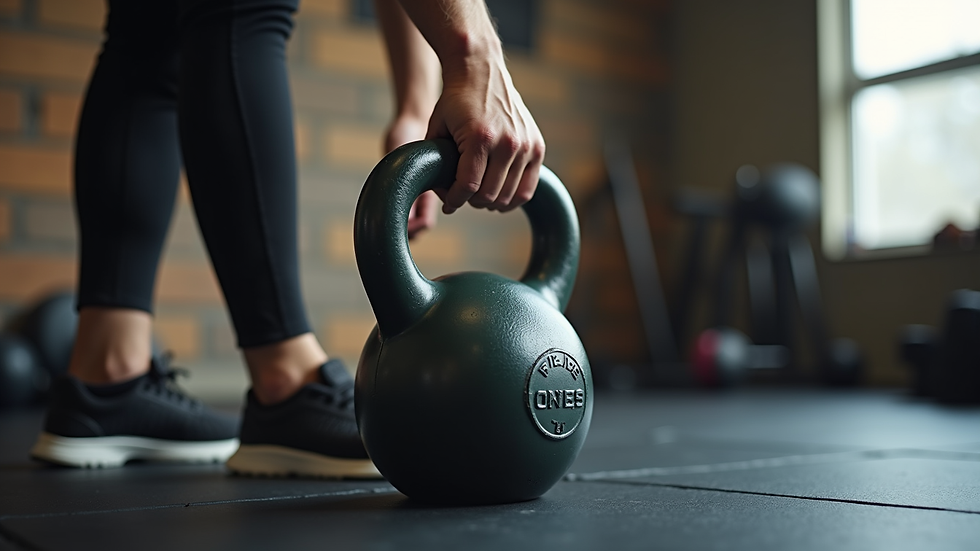 Close-up view of a trainer demonstrating a strength exercise with a kettlebell