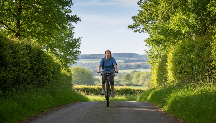 Eye-level view of a beginner cyclist riding slowly up a country lane.