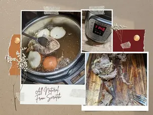 Homemade bone broth simmering with marrow bone, onions, and herbs in preparation for nourishing postpartum recovery meals.