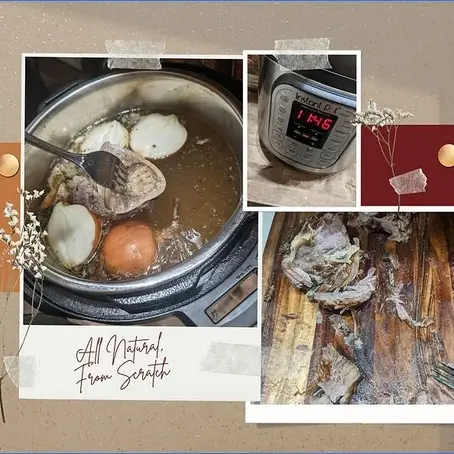 Homemade bone broth simmering with marrow bone, onions, and herbs in preparation for nourishing postpartum recovery meals.