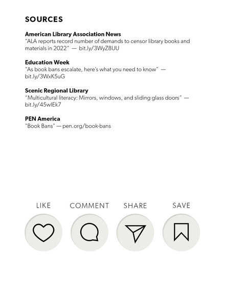 Sources: American Library Association News: “ALA reports record number of demands to censor library books and materials in 2022.” https://bit.ly/3WyZ8UU Education Week: “As book bans escalate, here’s what you need to know.” https://bit.ly/3WxK5uG Scenic Regional Library: “Multicultural literacy: Mirrors, windows, and sliding glass doors.” https://bit.ly/45wIEk7