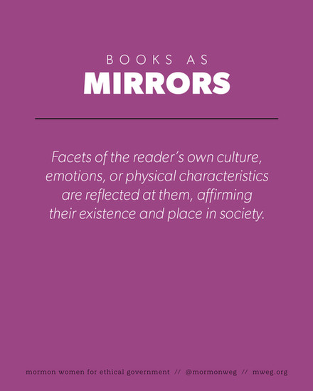 Books as mirrors: Facets of the reader’s own culture, emotions, or physical characteristics are reflected at them, affirming their existence and place in society.