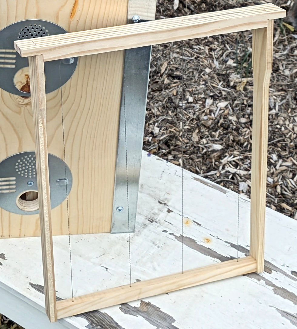 Layens wired frame leaning on a hive body.