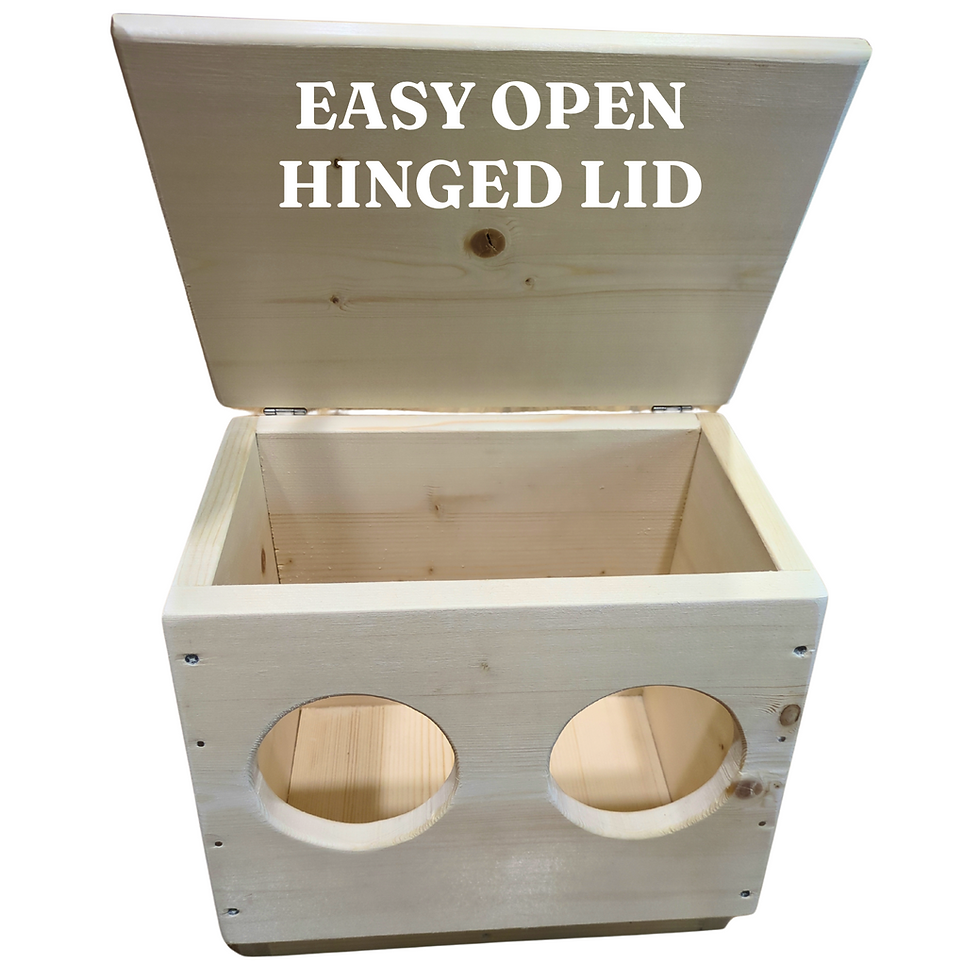 Thumbnail: Top view of wooden hay feeder with open lid, showing easy refill access for rabbits