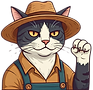 Mad Cat Farm mascot, cat dressed as a farmer raising his cat fist