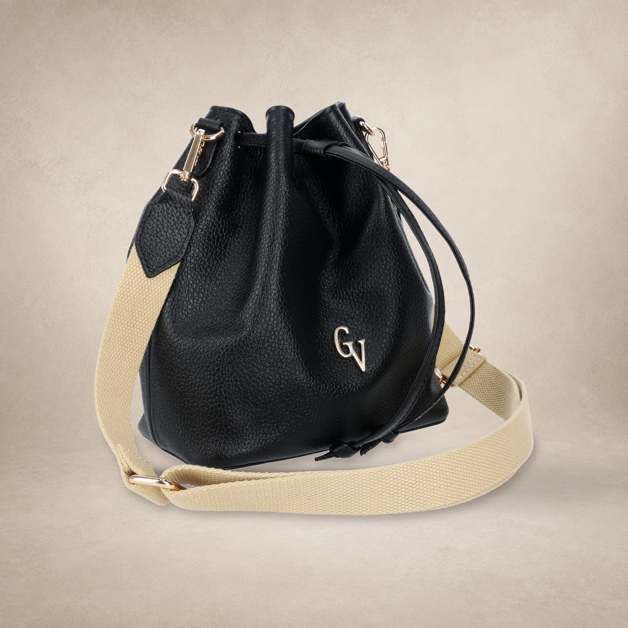 Bolsa bucket Eros 02 B negra con correa crossbody beige