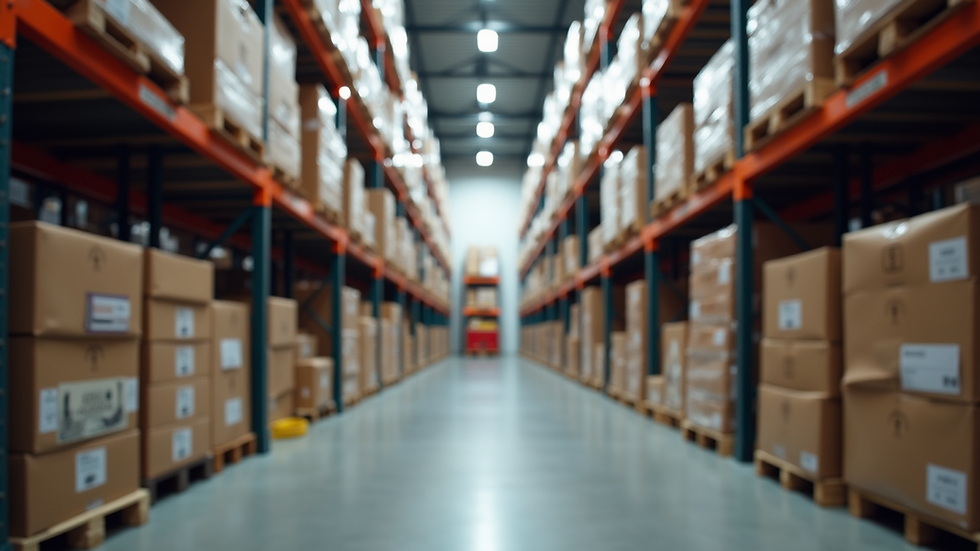 Eye-level view of a modern warehouse with organized shelves