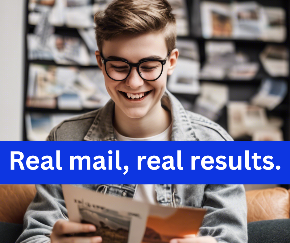 Young man reading a direct mail piece and smiling.