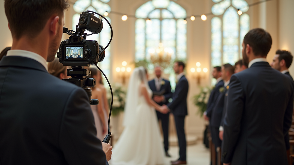Eye-level view of a wedding videographer filming a couple exchanging vows