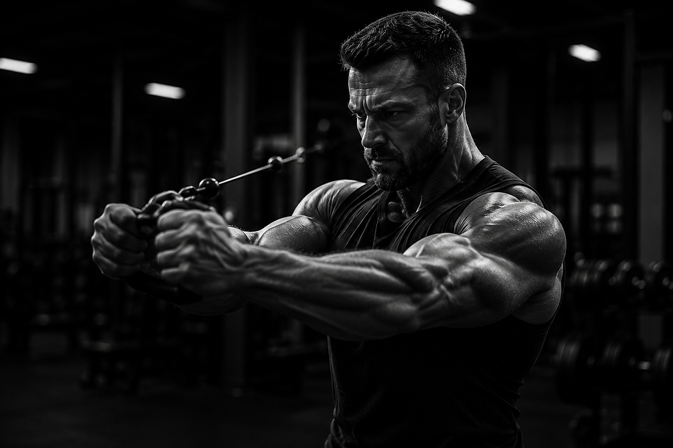 Online muscle building coach performing cable chest flys.