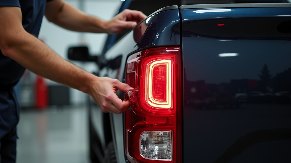Close-up view of hands installing a modern tail light on a pickup truck