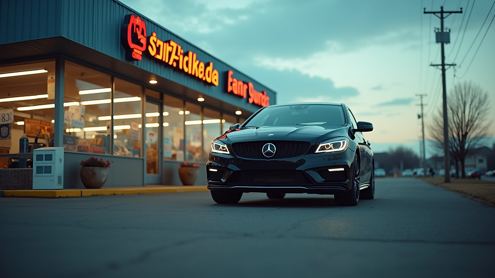 Eye-level view of a car parked outside an auto parts store