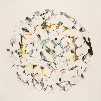 This circular encaustic monotype has many subtleties of graphite gray, blue, orange and yellow with a distinct pattern.