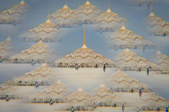 floating building with people.