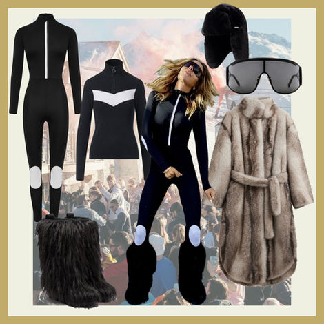 Women’s après-ski style collage featuring a fitted black ski suit, faux-fur coat, fluffy snow boots, trapper hat and wraparound sunglasses.
