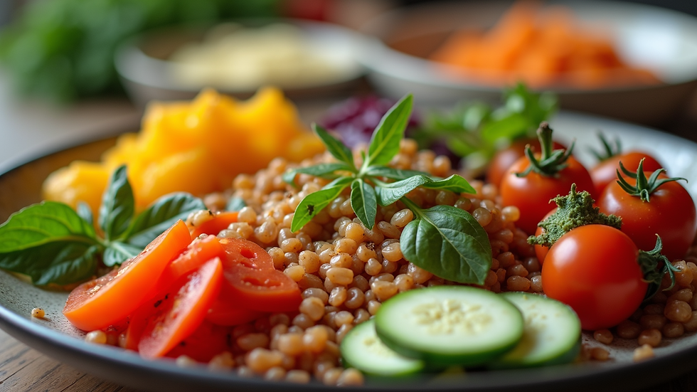 Close-up view of a healthy meal prep with colourful vegetables and grains