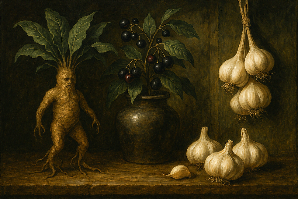 Medicinal plants. Mandrake, Belladonna, garlic