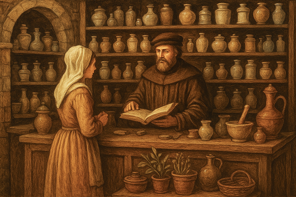 Medieval pharmacy with medicinal plants.