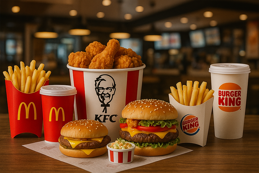 KFC, McDonald's, Burger King food: fried chicken, burgers and fries