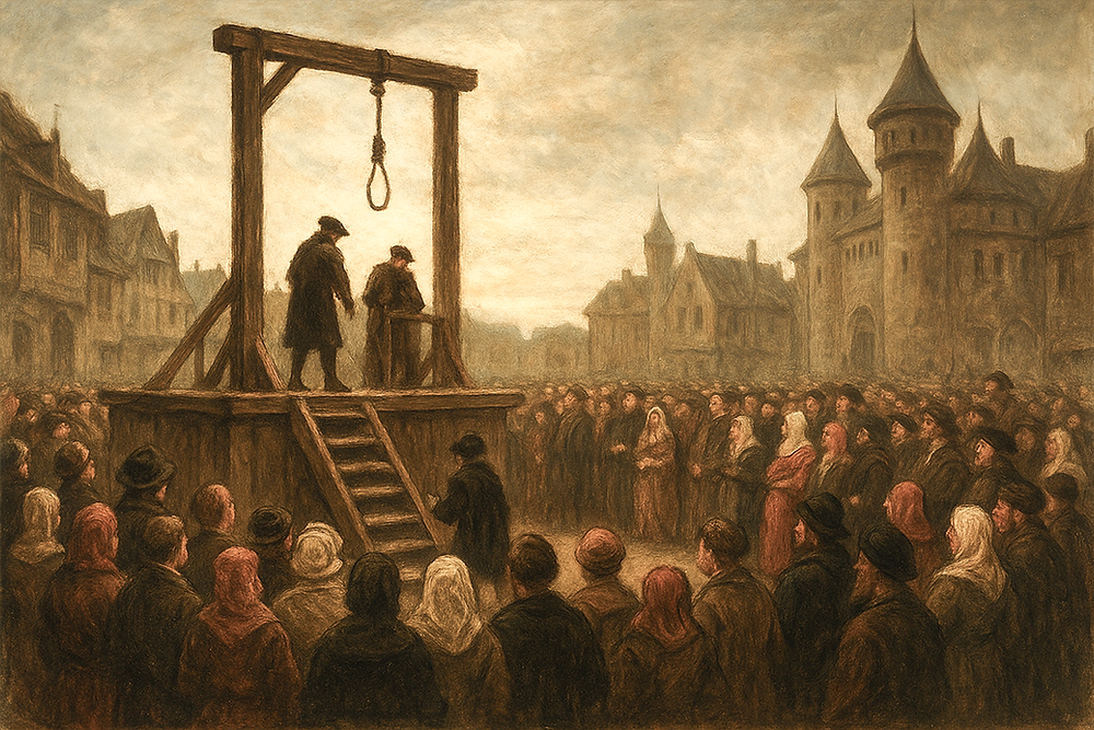 Engraving of a public execution in a European city square, with spectators watching from windows and balconies
