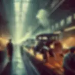 The Ford Model-T on an assembly line in a dimly lit factory. Workers in overalls walk and inspect. Sunlight streams through overhead windows.