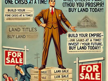 A confident business executive in a vintage suit standing triumphantly atop a pile of titles and deeds.