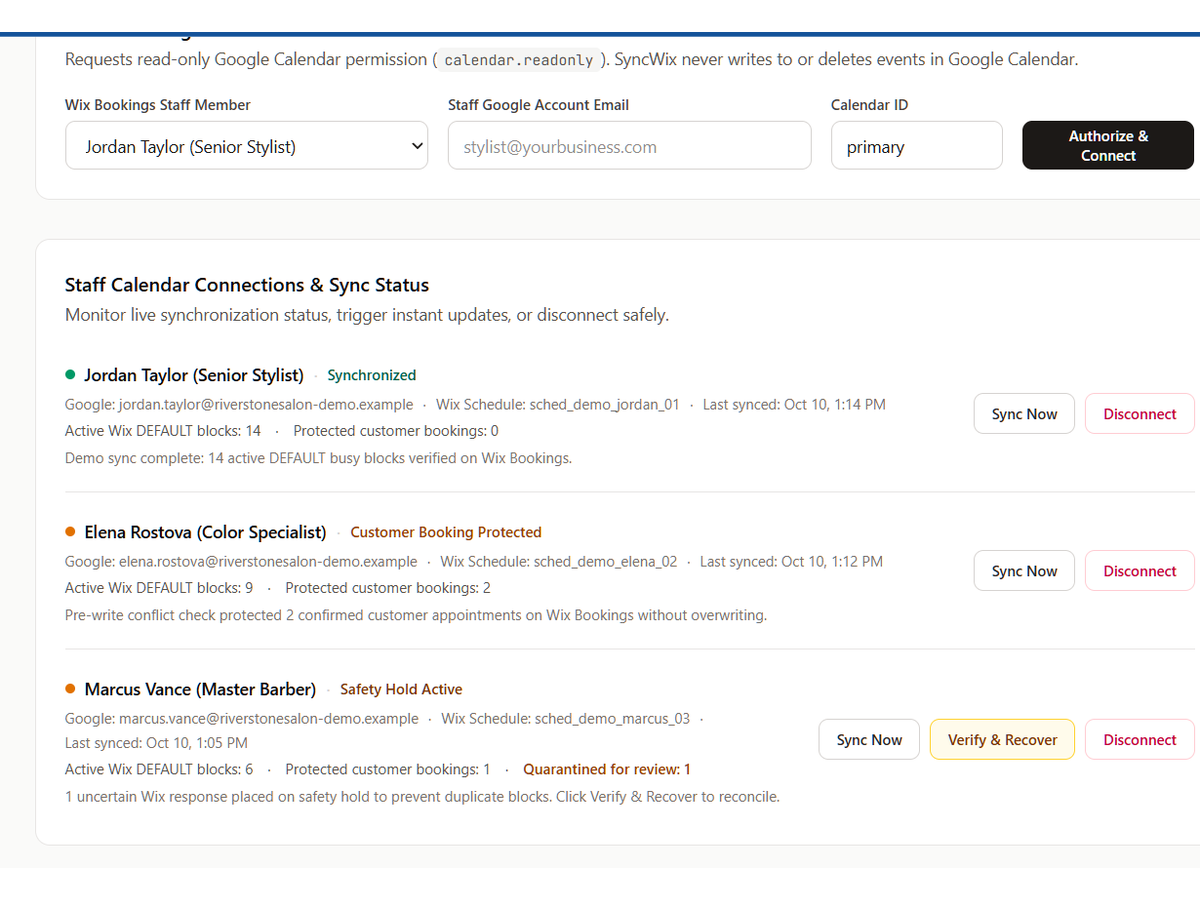 SyncCal dashboard view — app on the Wix App Market