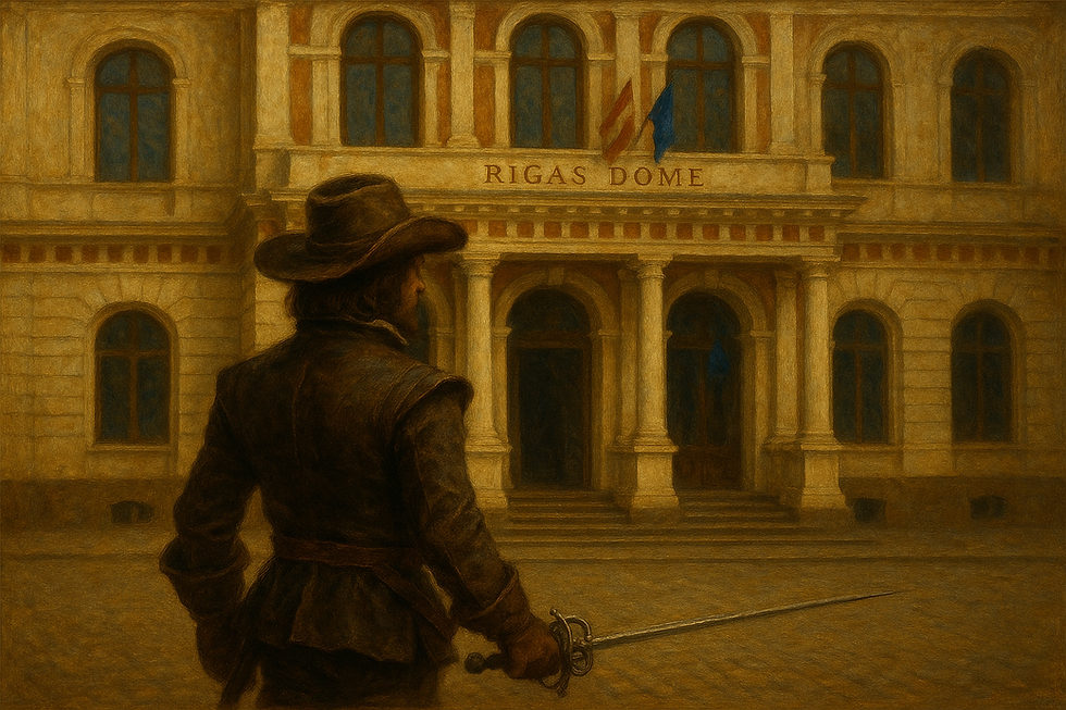 Musketieris skatās uz Rīgas Rātsnama ēku