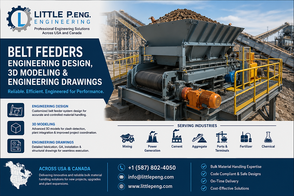 Little P.Eng. Engineering provides professional Belt Feeders engineering design, 3D modeling and detailed engineering drawings across the USA and Canada. Our bulk material handling expertise supports mining, aggregates, cement, power generation, chemical processing, fertilizer, ports and industrial facilities. We design reliable belt feeders, hoppers, supports and material flow systems focused on safety, performance, maintainability and cost-effective operation.
