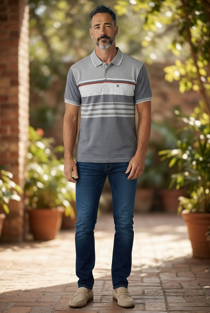 Thumbnail: Men Auto Striped Drop Down Knit Polo