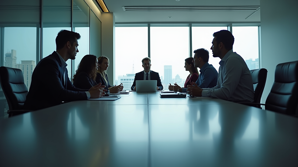 Eye-level view of a modern office meeting room with executives discussing strategy