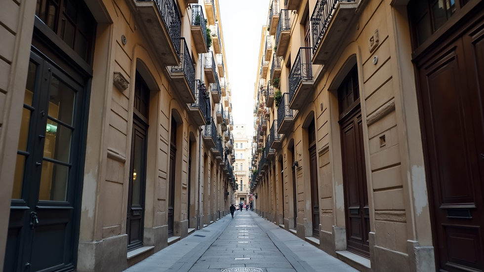 Vista a nivel de calle de una vivienda típica en Barcelona con fachada de piedra y balcones