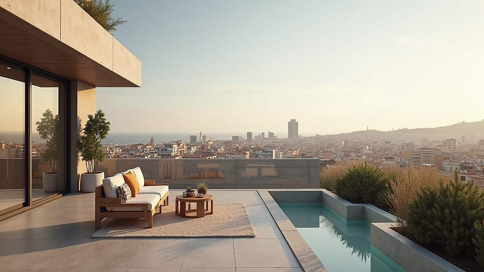 Vista panorámica de un piso moderno en Barcelona con terraza
