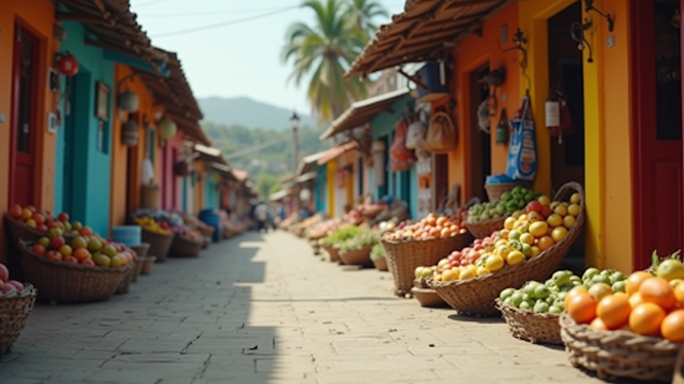 Eye-level view of colorful Caribbean market stalls