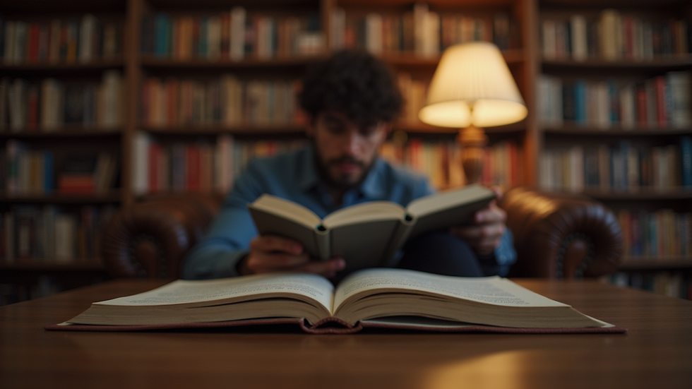 Eye-level view of a person reading a book in a cozy library