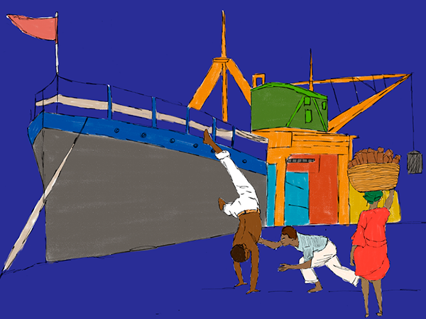 Ilustração do porto: embarcação, armazéns e trabalhadores