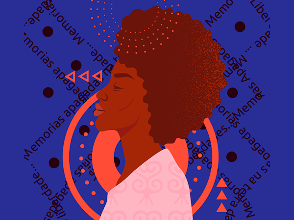 Ilustração de mulher negra de perfil com auréola, sobre fundo azul