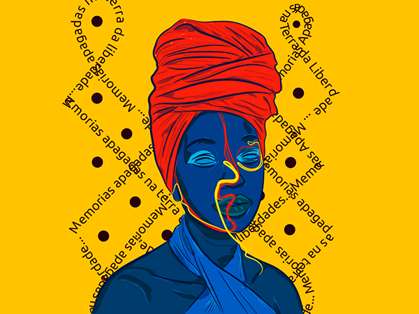 Ilustração de mulher de turbante vermelho sobre fundo amarelo