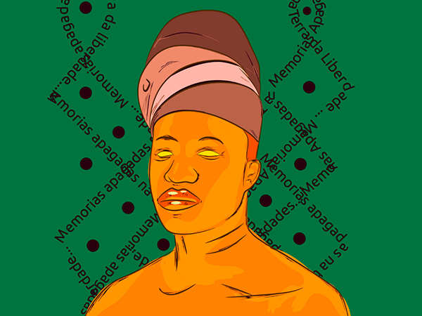 Ilustração de figura negra sobre fundo verde, série Pessoas