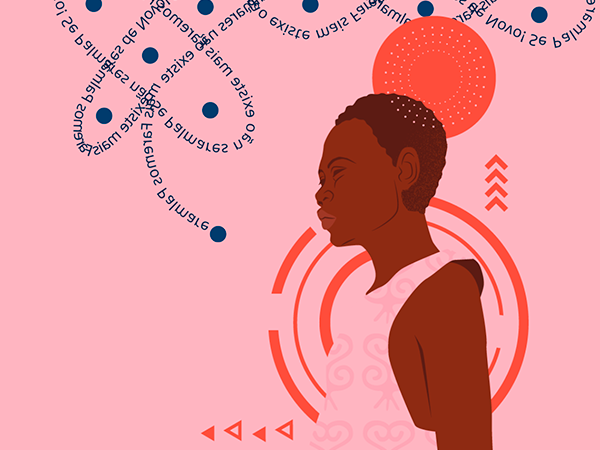 Ilustração de silhueta negra sobre fundo rosa com grafismos