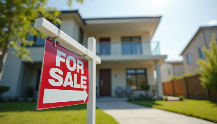 Eye-level view of a modern home exterior with a "For Sale" sign in the front yard