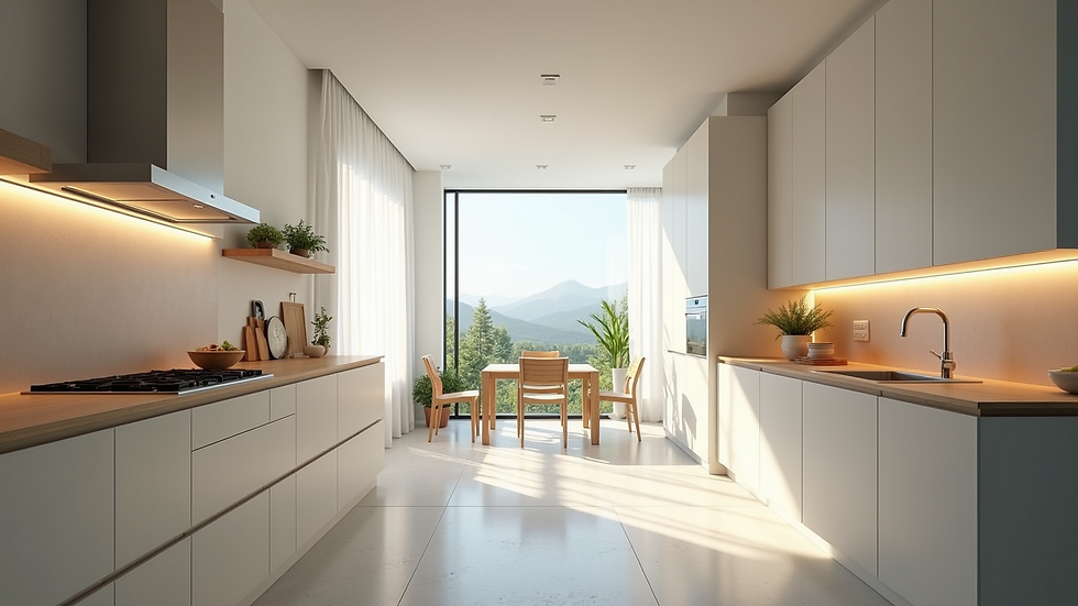 Eye-level view of a modern kitchen with clean lines and natural light