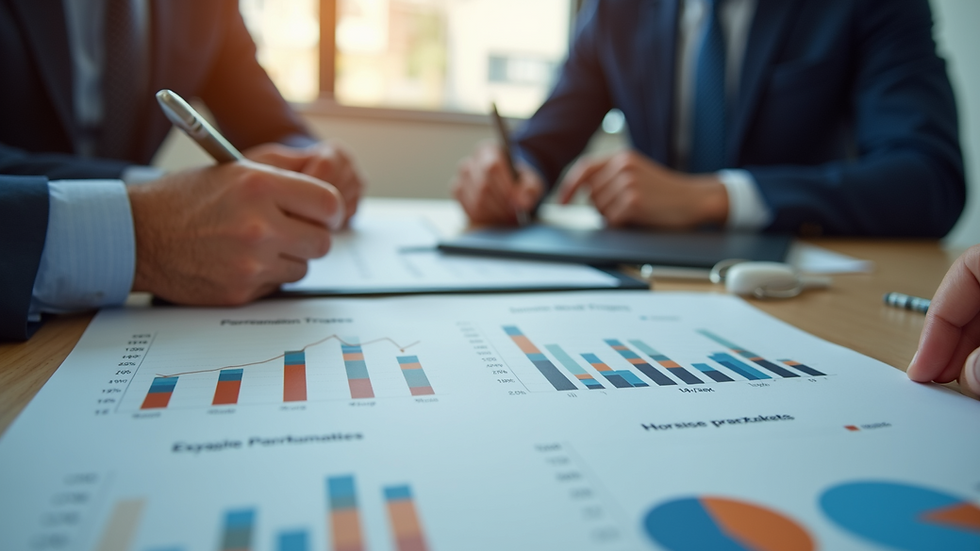 Eye-level view of a business meeting discussing financial charts