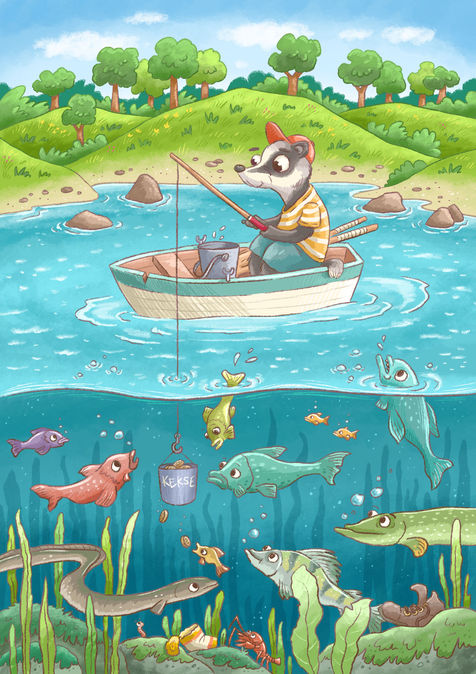 a badger sitting in a boat while fishing, childrens book illustration