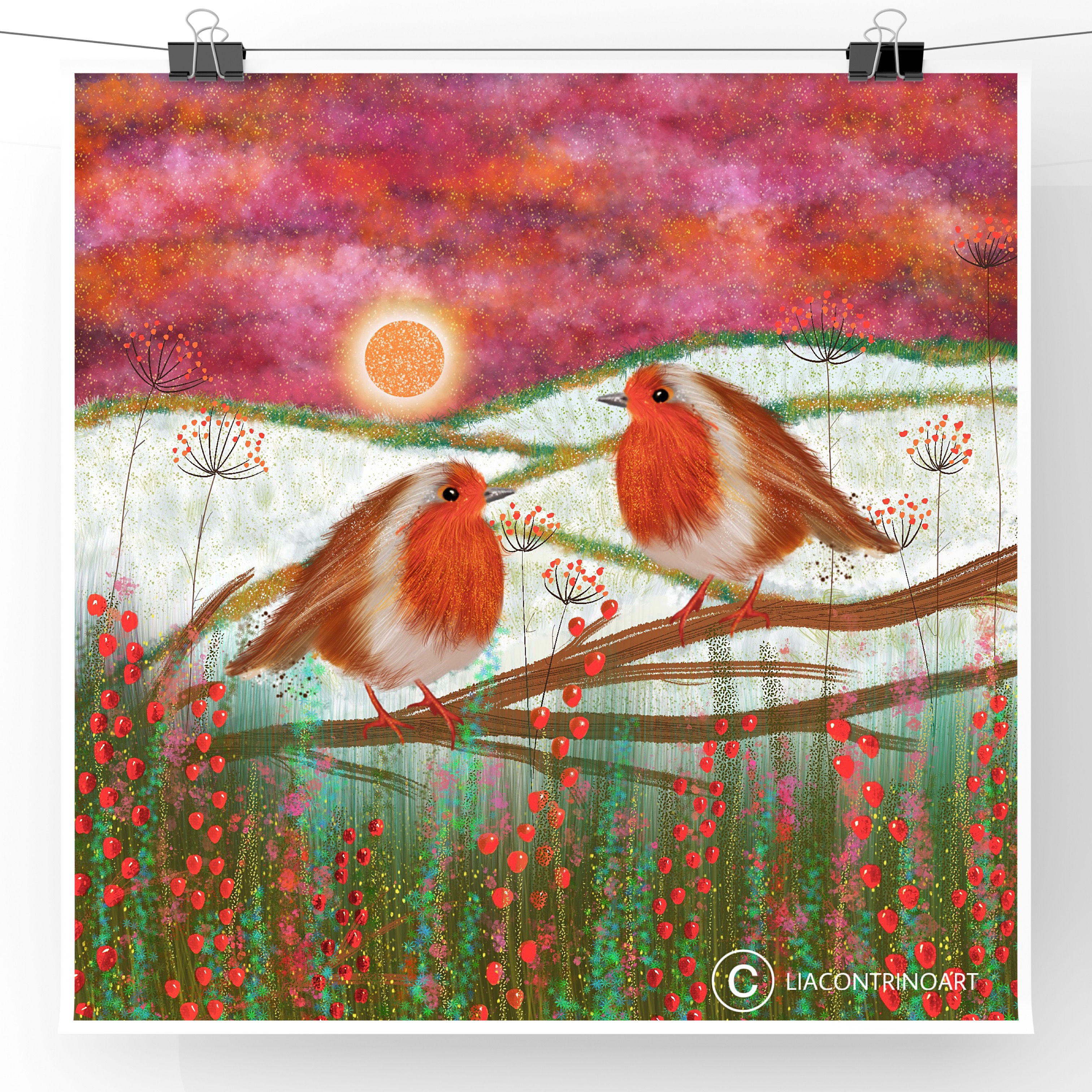 Two Robins Under A Pink Sky Print