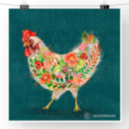 Floral Chicken On Green Print