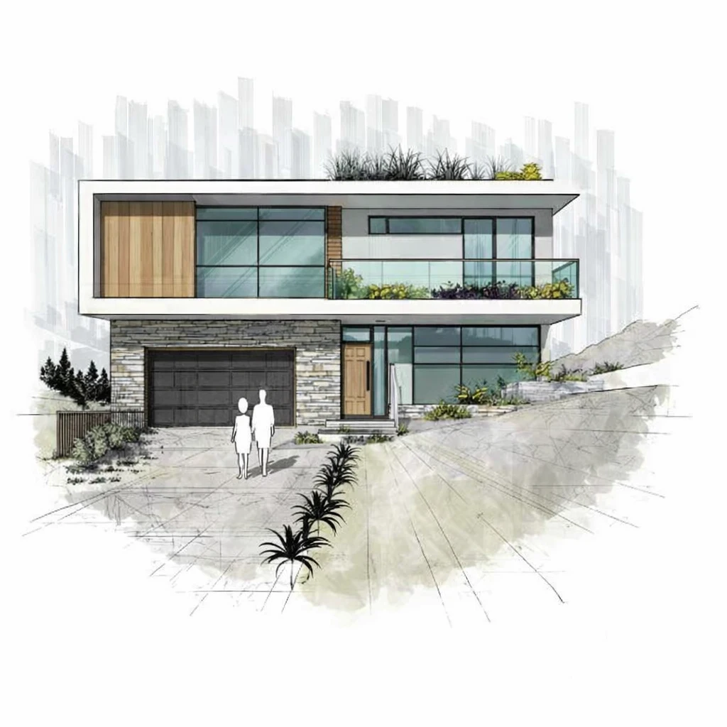 Architektur Entwurf zeigt das Zusammenspiel von Konzept, Raumstruktur, Volumen, Proportionen, Nutzung, Materialität, Lichtführung, Grundrissplanung, architektonischer Idee und gestalterischer Klarheit.